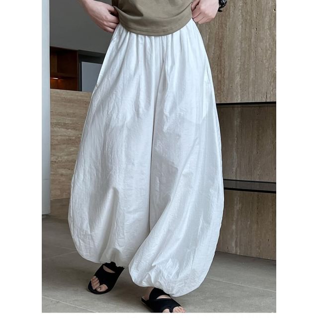 Lewwe-Elastic Waist Plain Harem Pants
