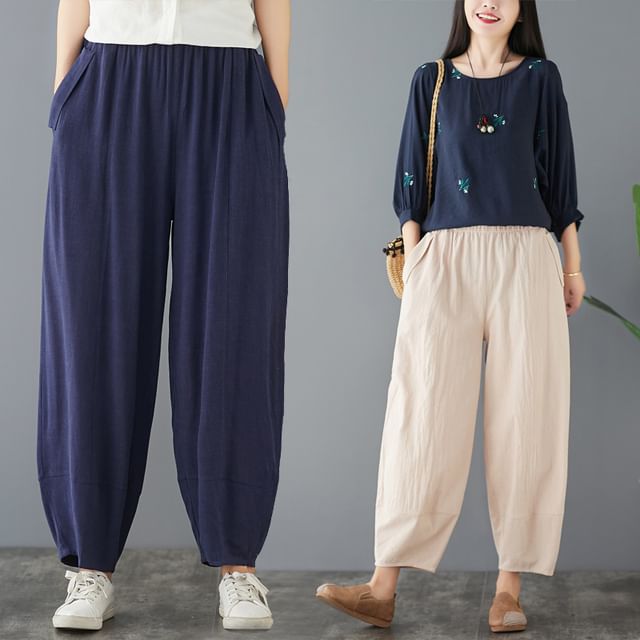 Lewwe-Elastic Waist Plain Harem Pants
