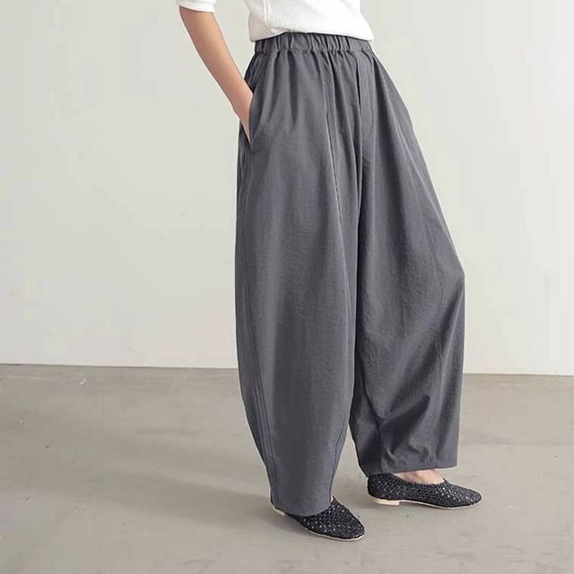 Lewwe-Elastic Waist Plain Harem Pants