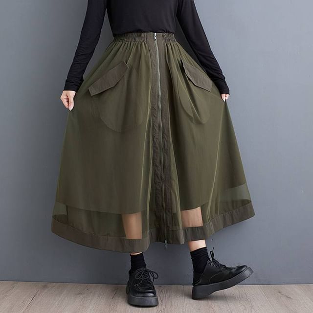 Lewwe-Elastic Waist Plain Large Pocket Zip Panel Mesh Midi A-Line Skirt