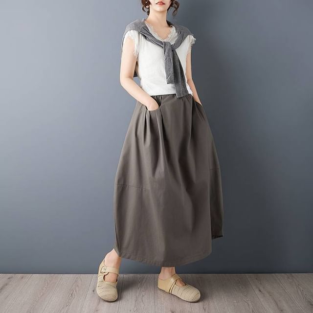 Lewwe-Elastic Waist Plain Maxi Cocoon Skirt