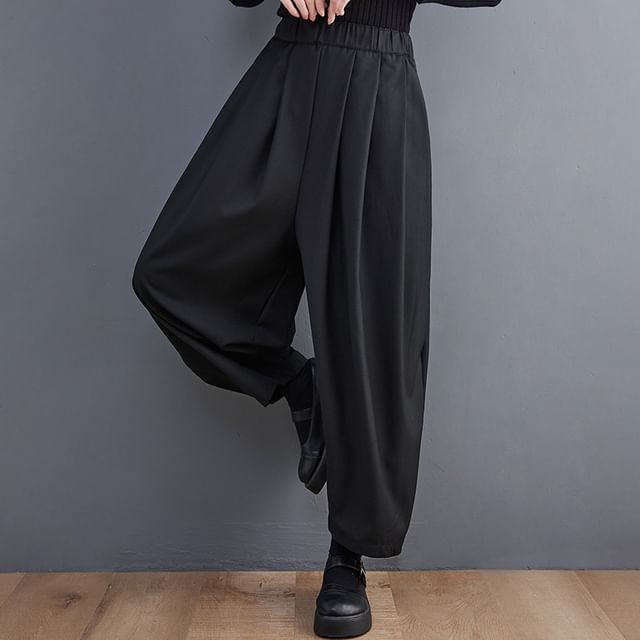 Lewwe-Elastic Waist Plain Pleated Crop Harem Pants