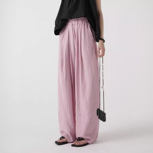 Lewwe-Elastic Waist Plain Wide Leg Pants