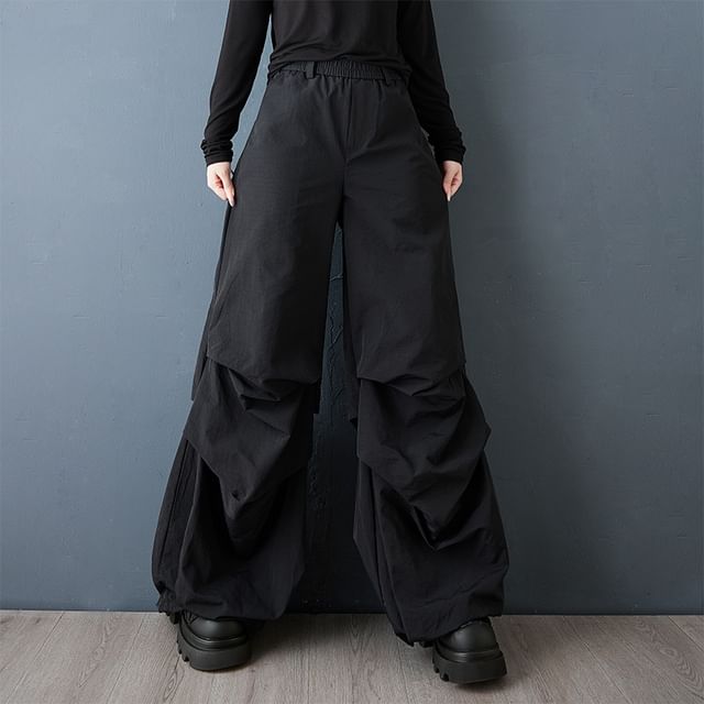 Lewwe-Elastic Waist Plain Wide Leg Pants