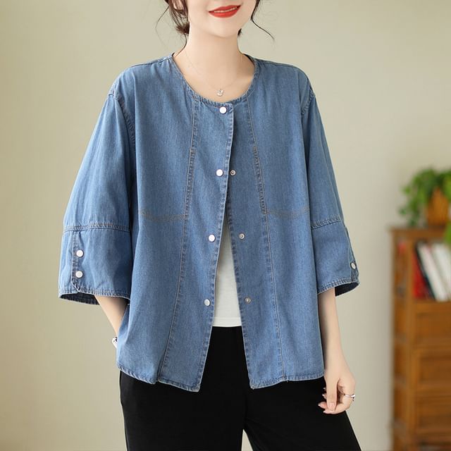 Lewwe-Elbow-Sleeve Button-Up Denim Shirt