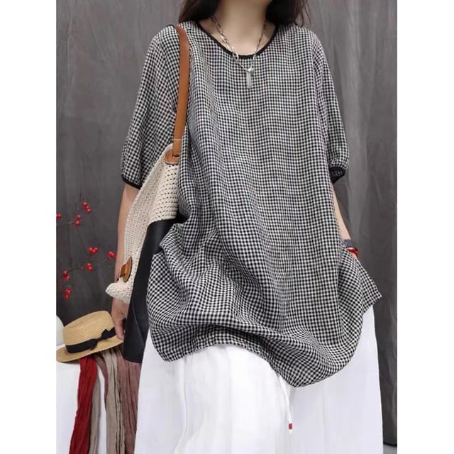 Lewwe-Elbow-Sleeve Crew Neck Plaid Overall Blouse