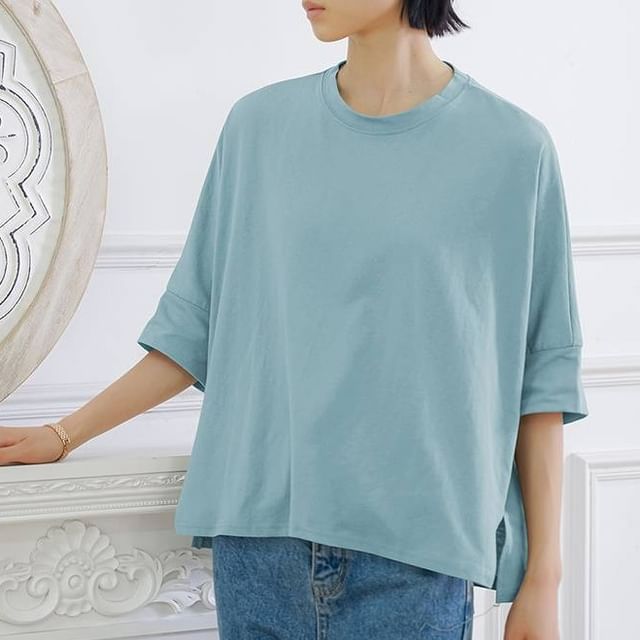 Lewwe-Elbow-Sleeve Crew Neck Plain T-Shirt