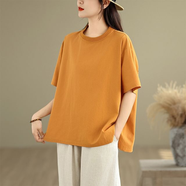 Lewwe-Elbow-Sleeve Crew Neck Plain Tee