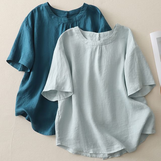 Lewwe-Elbow-Sleeve Crewneck Plain Blouse