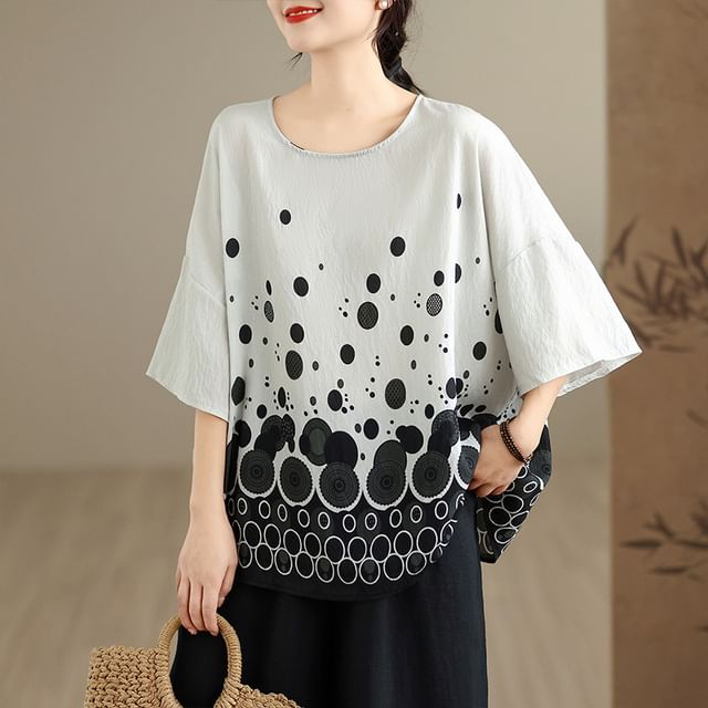 Lewwe-Elbow Sleeve Round Neck Dotted Top