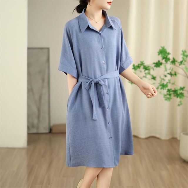 Lewwe-Elbow-Sleeve Sashed Plain Long Shirt