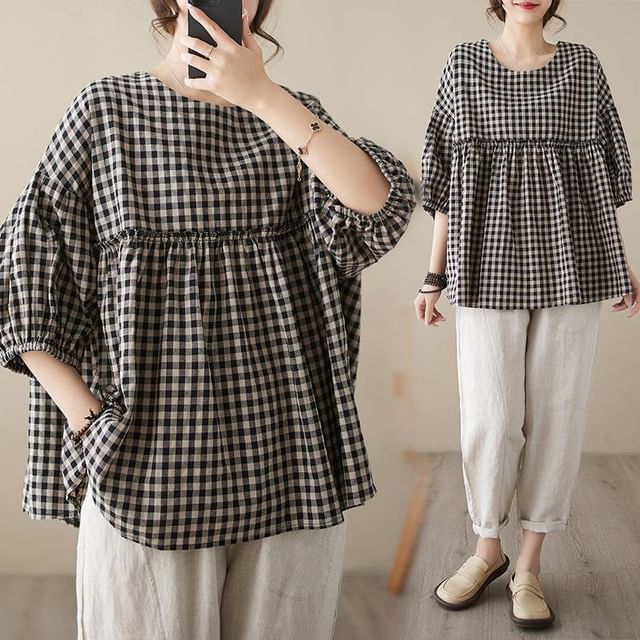 Lewwe-Elbow-Sleeve Scoop Neck Plaid Flowy Blouse