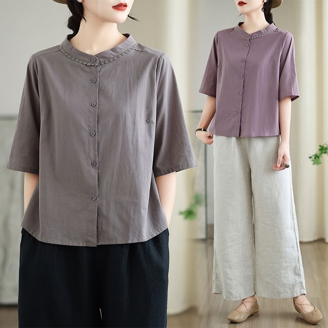 Lewwe-Elbow-Sleeve Stand Collar Plain Shirt