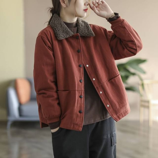 Lewwe-Fleece Collar Button-Up Jacket