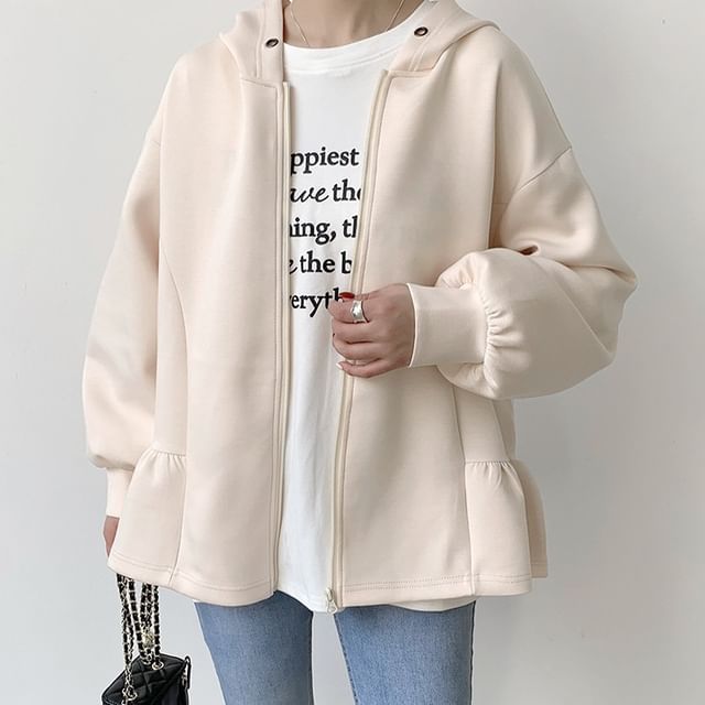 Lewwe-Flowy Plain Hooded Zip-Up Jacket