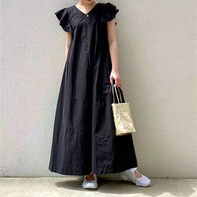 Lewwe-Flutter Sleeve V-Neck Plain Maxi A-Line Dress