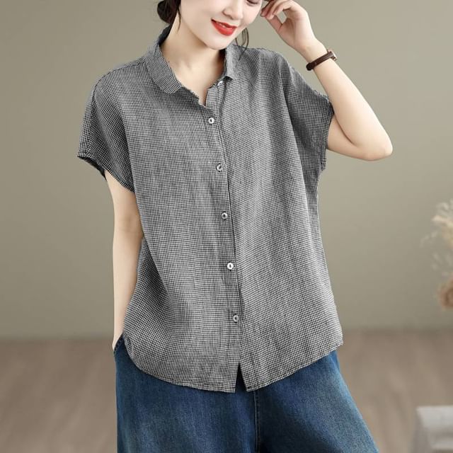 Lewwe-French Sleeve Collared Plaid Shirt