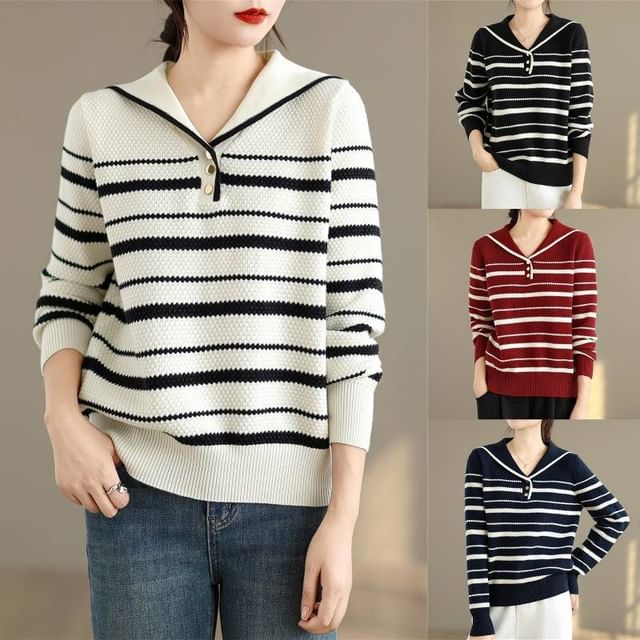 Lewwe-Half zip Striped Knit Pullover