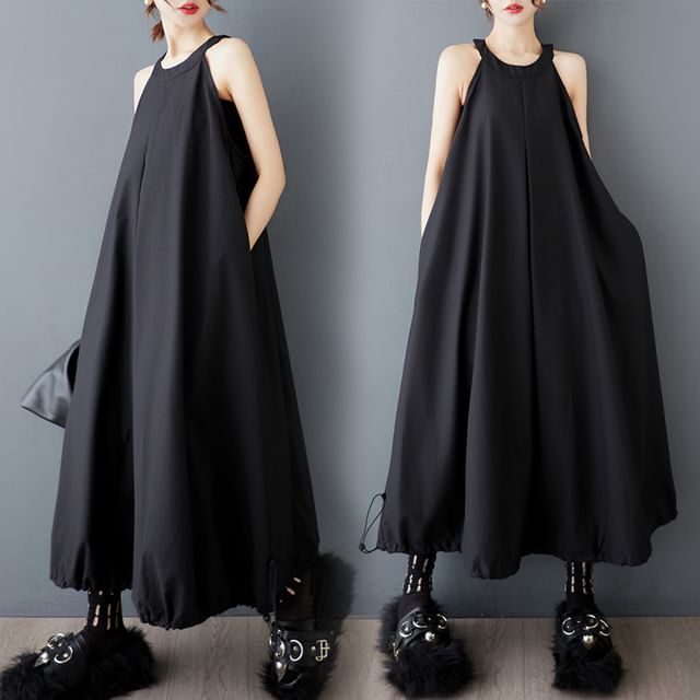 Lewwe-Halter Neck Plain Drawstring Hem Midi Tunic Dress