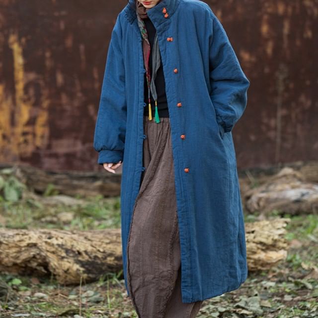 Lewwe-High Neck Button-Up Padded Plain Long Coat