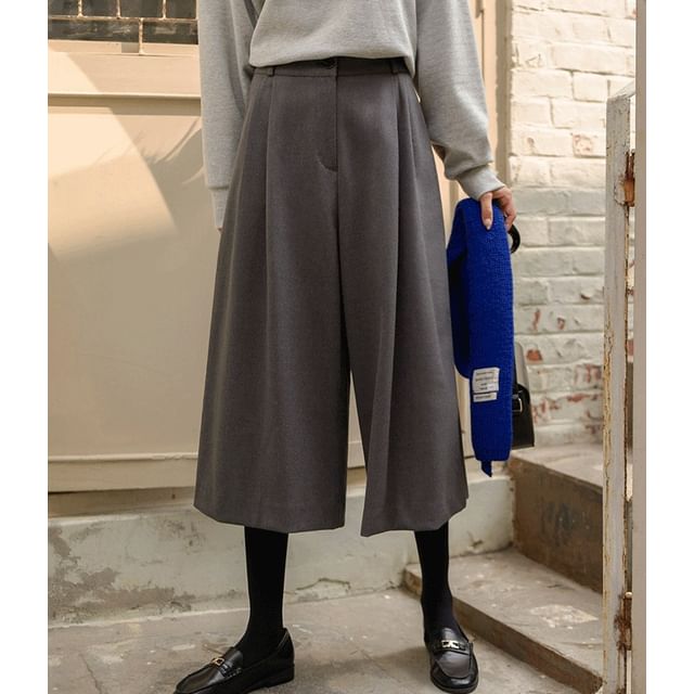 Lewwe-High Waist Plain Capri Wide Leg Pants