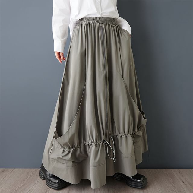 Lewwe-High Waist Plain Maxi A-Line Skirt
