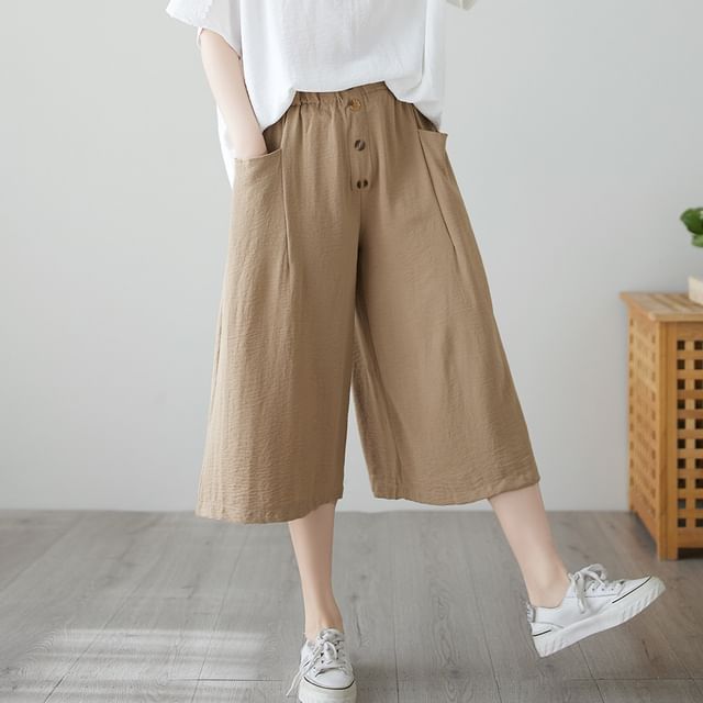 Lewwe-High Waist Plain Wide Leg Capri Pants