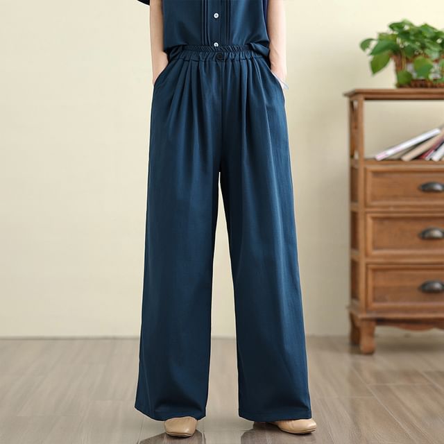 Lewwe-High Waist Plain Wide Leg Pants