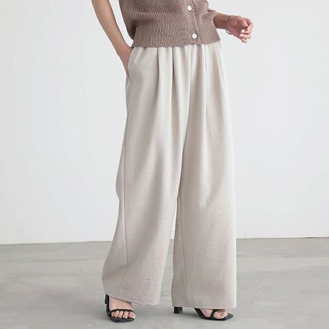 Lewwe-High Waist Plain Wide Leg Pants