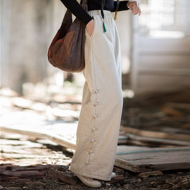 Lewwe-High Waist Quilted Frog Buttoned Plain Wide Leg Pants