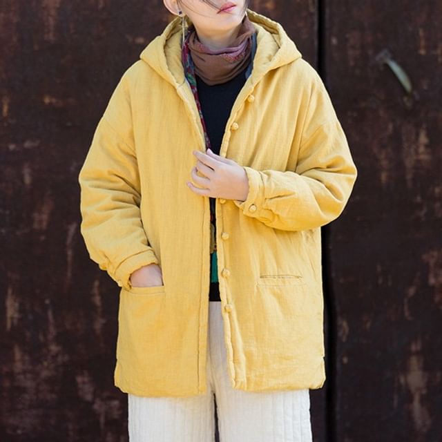 Lewwe-Hooded Button-Up Padded Plain Jacket