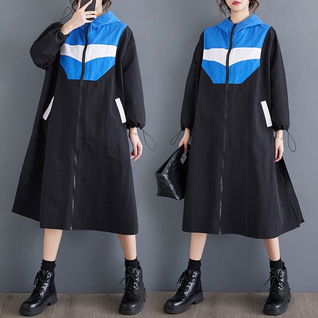 Lewwe-Hooded Color Block Long Zip Jacket