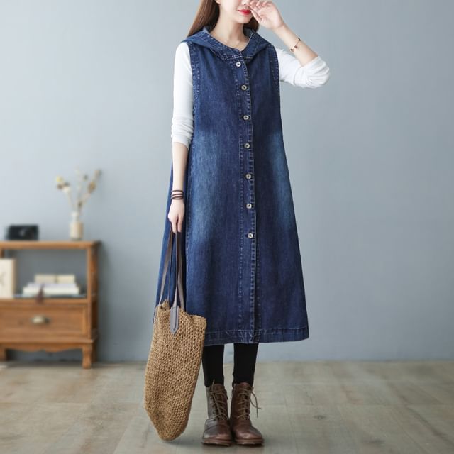 Lewwe-Hooded Denim Midi Button Vest