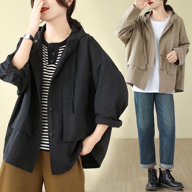 Lewwe-Hooded Plain Button Up Jacket