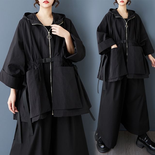 Lewwe-Hooded Plain Zip Trench Jacket