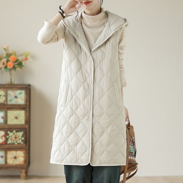 Lewwe-Hooded Quilted Long Vest