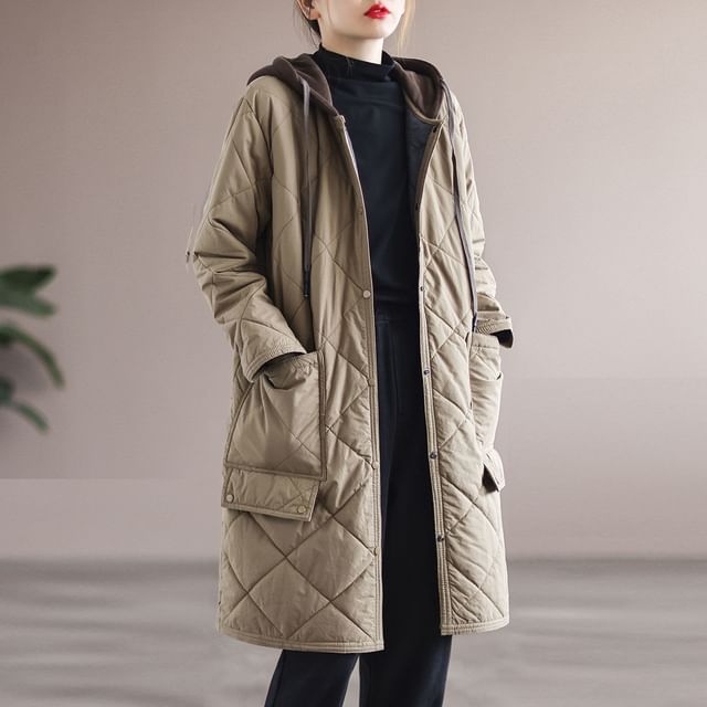 Lewwe-Hooded Quilted Zip-Up Long Coat