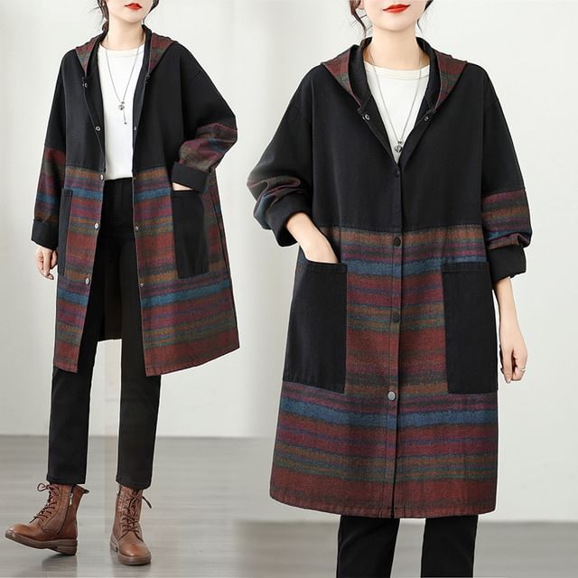 Lewwe-Hooded Striped Button Up Coat
