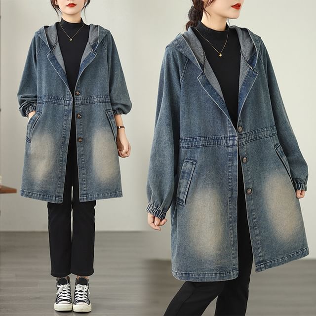 Lewwe-Hooded Washed Denim Trench Coat