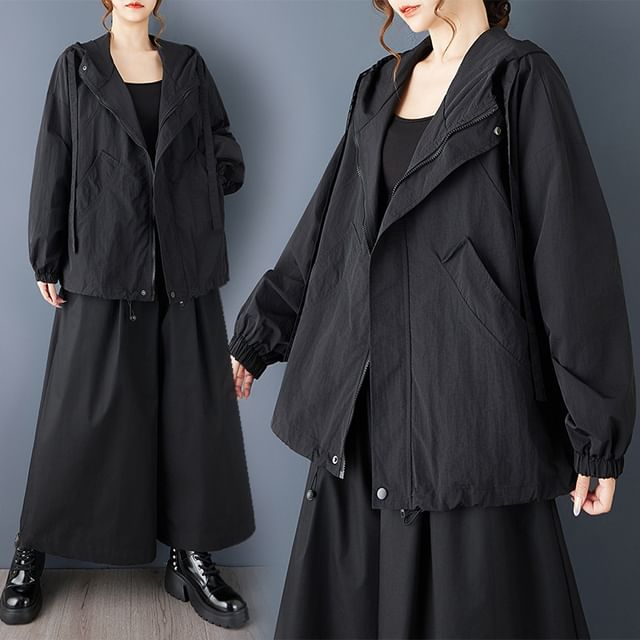 Lewwe-Hooded Zip-Up Plain Jacket