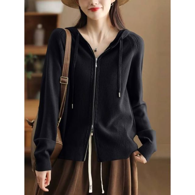 Lewwe-Hooded Zip-Up Plain Jacket