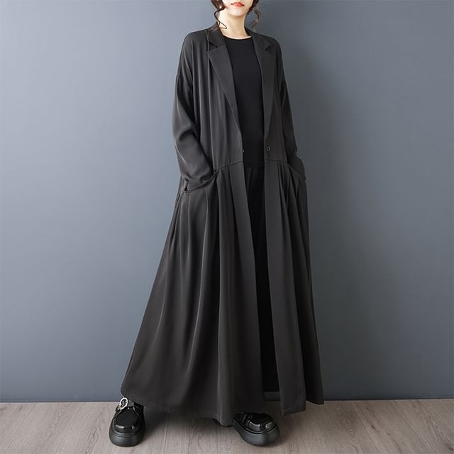 Lewwe-Lapel Collar Plain Buttoned Long Trench Coat