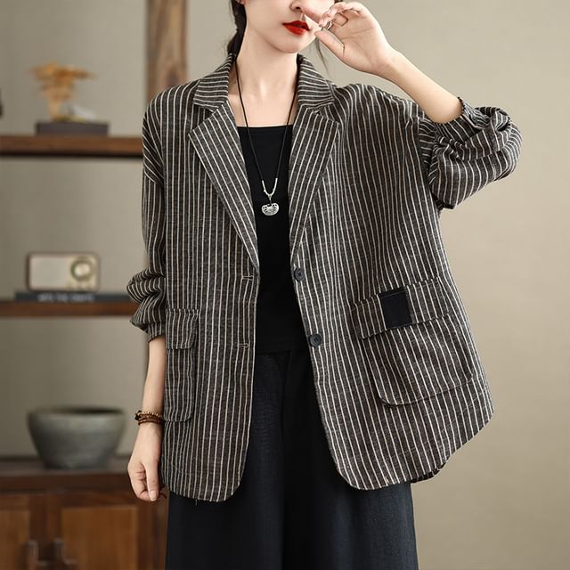 Lewwe-Lapel Collar Striped Button Up Blazer