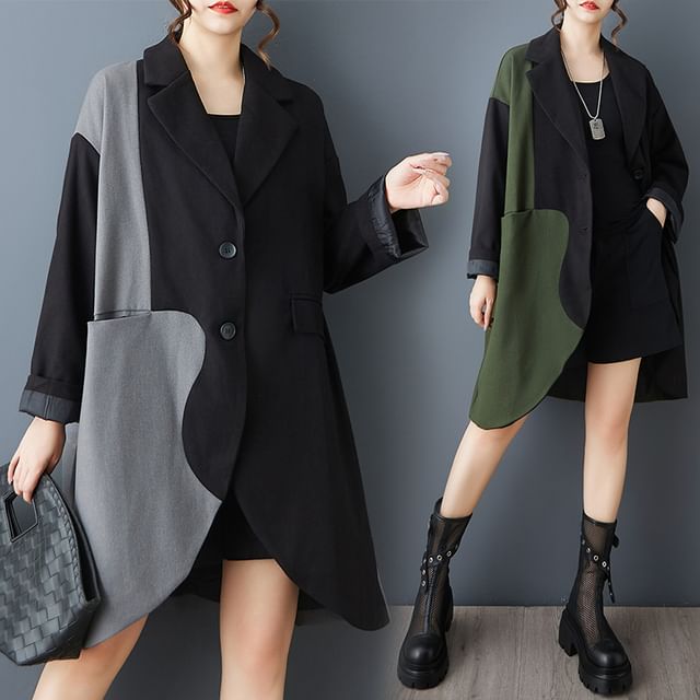 Lewwe-Lapel Collar Two Tone Single Breasted Trench Coat