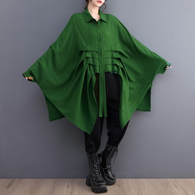 Lewwe-Long-Sleeve Asymmetrical Plain Long Shirt