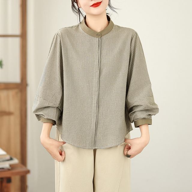Lewwe-Long-Sleeve Band Collar Pinstriped Button Up Blouse