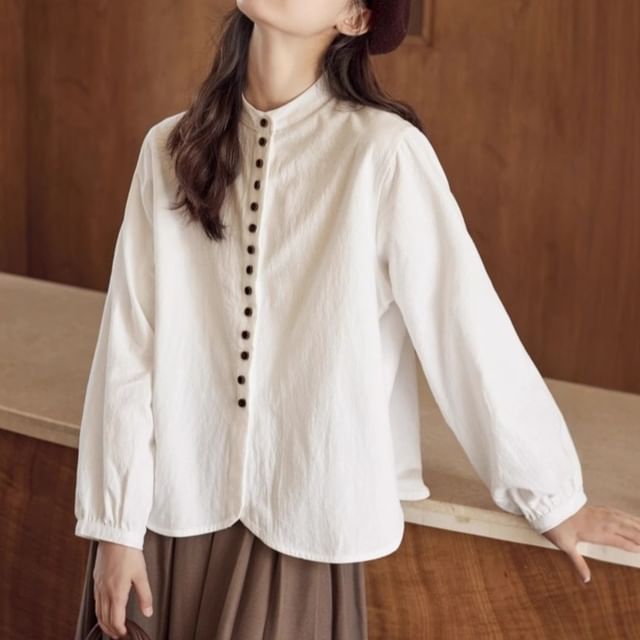 Lewwe-Long-Sleeve Band Collar Plain Button Up Blouse