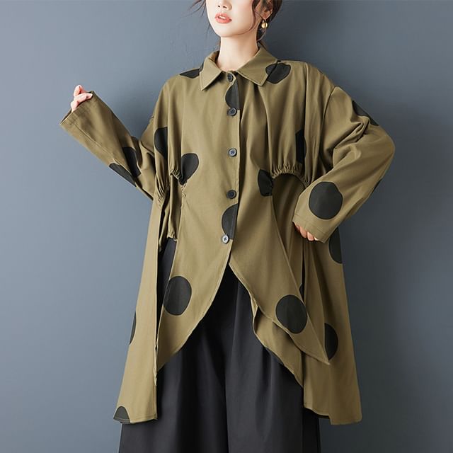 Lewwe-Long-Sleeve Collared Dotted Slit Long Shirt