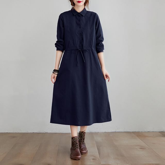Lewwe-Long-Sleeve Collared Drawstring Waist Half-Buttoned Plain Midi A-Line Dress