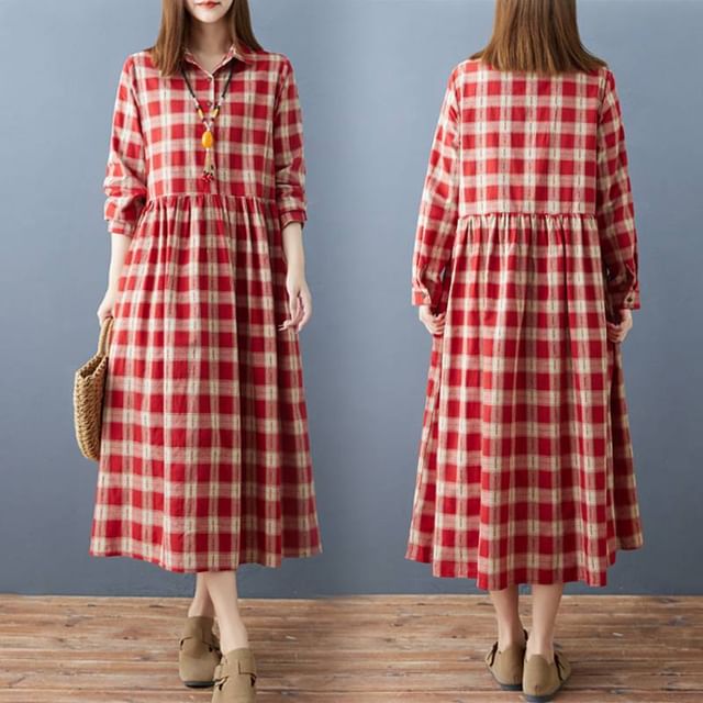 Lewwe-Long Sleeve Collared Plaid Button Midi A-Line Dress